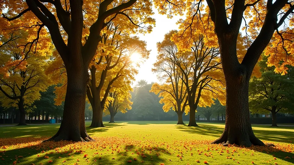 Senieji medžiai parke, rudens spalvos, ramios aplinkos vaizdas