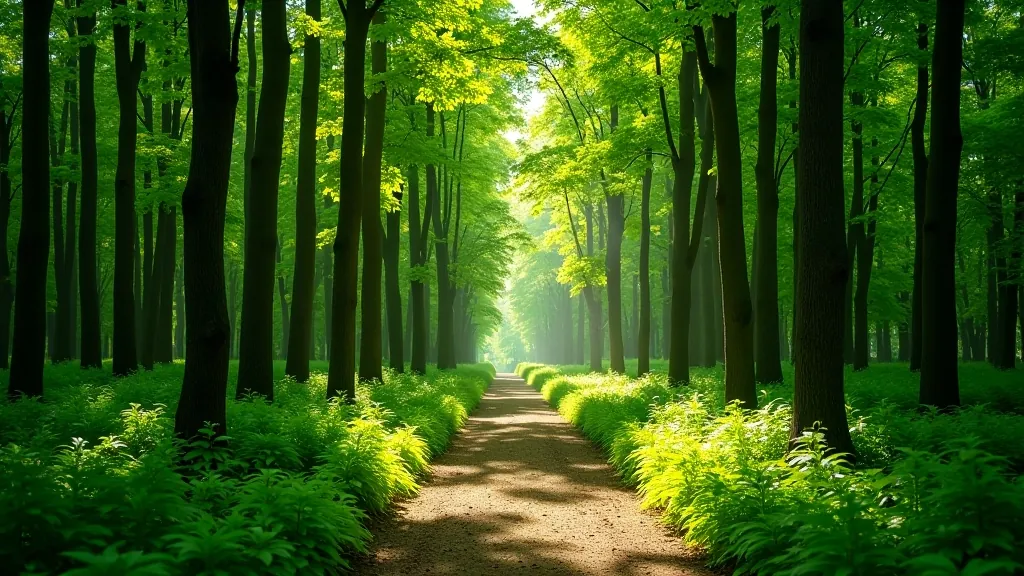 Žali medžiai ir šešėlyti maršrutai Obelynės arboretume, saulės šviesa per šakeles