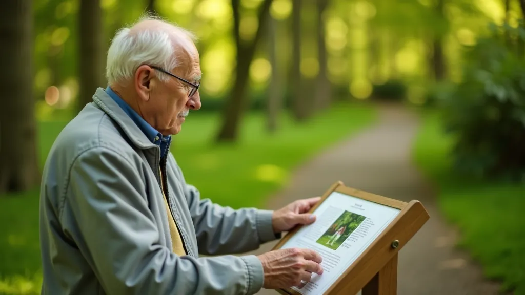 Senyva moteris skaitosi informatyvias lentas Obelynės arboretume, šviesus oras